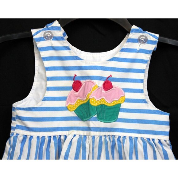 VTG Kelly's Kids Blue Striped Bubble Romper 3T Cupcake Cherry Summer Straps Girl - Picture 2 of 6